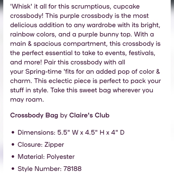 Claire's Club Purple Cupcake Bunny Purse! Cute Plushy 🐰💜🧁 - Picture 3 of 3